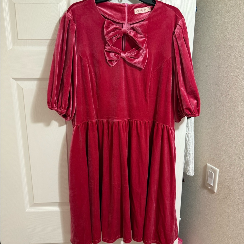 Ivy City Co Velvet Dress in Deep Pink with Bow